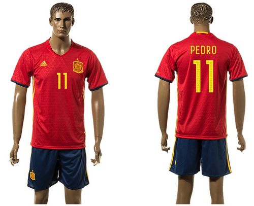 Spain #11 Pedro Red Home(Dark Blue Shorts) Soccer Country Jersey