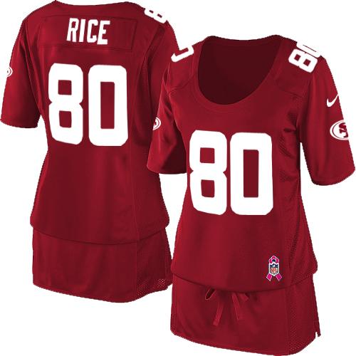 49ers #80 Jerry Rice Red Team Color Women's Breast Cancer Awareness Stitched NFL Elite Jersey