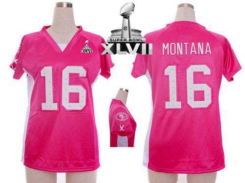49ers #16 Joe Montana Pink Draft Him Name & Number Top Super Bowl XLVII Women's Stitched NFL Elite Jersey