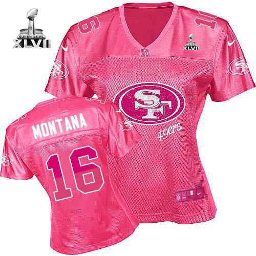 49ers #16 Joe Montana Pink Super Bowl XLVII Women's Fem Fan NFL Game Jersey
