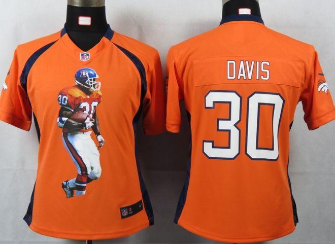 Broncos #30 Terrell Davis Orange Team Color Women's Portrait Fashion NFL Game Jersey