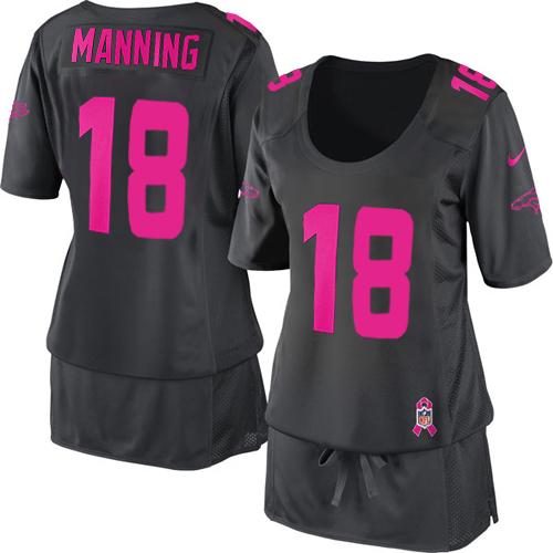 Broncos #18 Peyton Manning Dark Grey Women's Breast Cancer Awareness Stitched NFL Elite Jersey