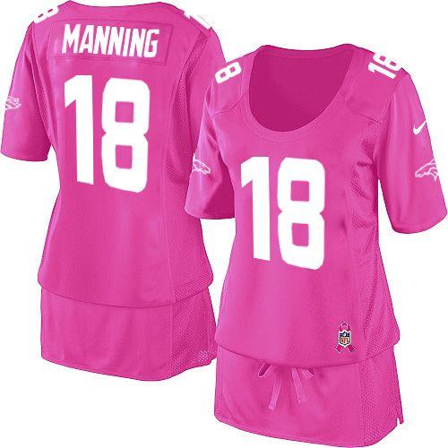 Broncos #18 Peyton Manning Pink Women's Breast Cancer Awareness Stitched NFL Elite Jersey