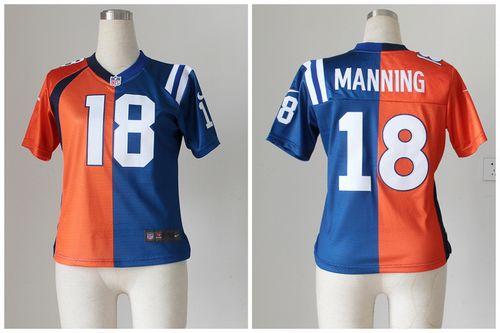 Broncos #18 Peyton Manning Orange/Blue Women's Stitched NFL Elite Split Colts Jersey