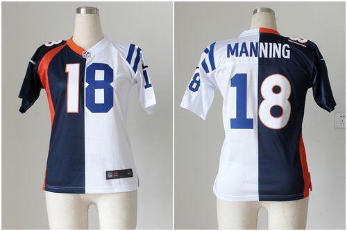 Broncos #18 Peyton Manning Blue/White Women's Stitched NFL Elite Split Colts Jersey