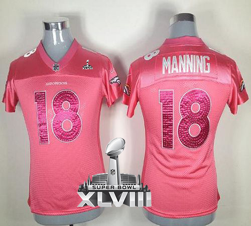 Broncos #18 Peyton Manning Pink Sweetheart Super Bowl XLVIII Women's Stitched NFL Elite Jersey