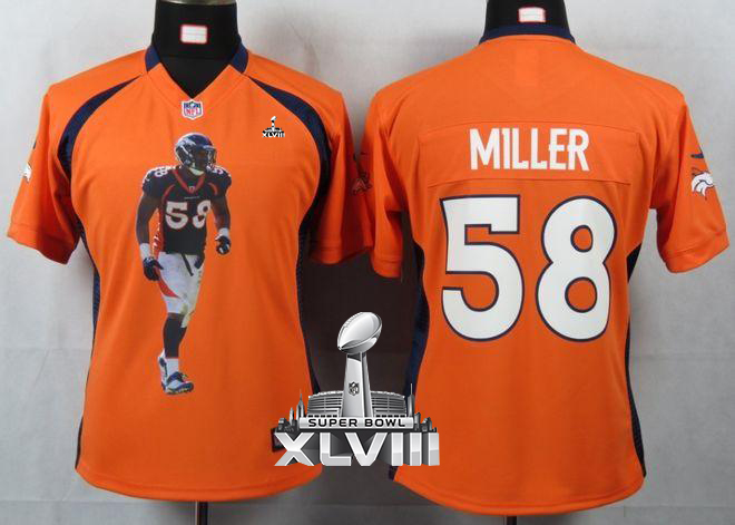 Broncos #58 Von Miller Orange Team Color Super Bowl XLVIII Women's Portrait Fashion NFL Game Jersey