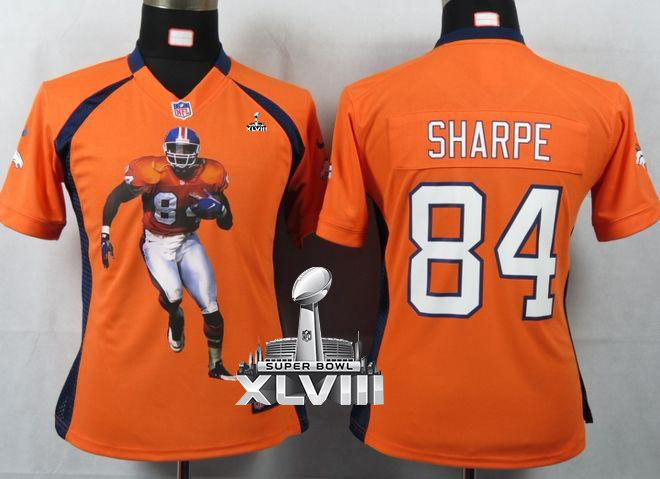 Broncos #84 Shannon Sharpe Orange Team Color Super Bowl XLVIII Women's Portrait Fashion NFL Game Jersey