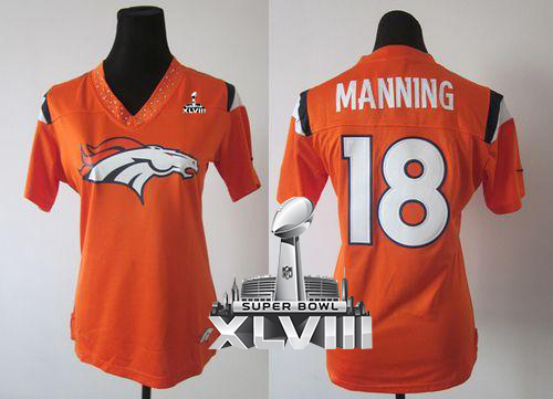 Broncos #18 Peyton Manning Orange Team Color Super Bowl XLVIII Women's Stitched NFL Team Diamond Elite Jersey