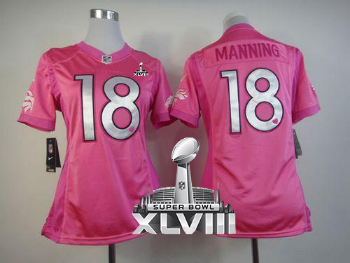 Broncos #18 Peyton Manning Pink Super Bowl XLVIII Women's Be Luv'd Stitched NFL Elite Jersey