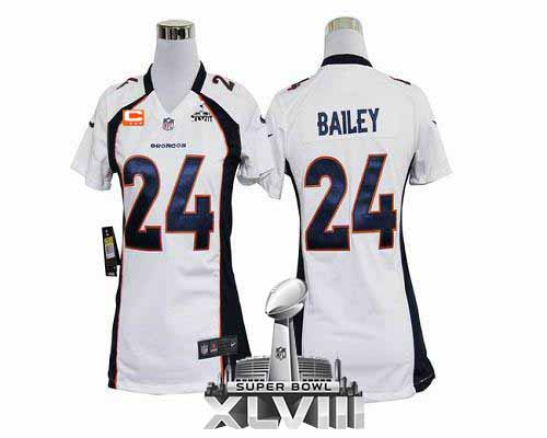 Broncos #24 Champ Bailey White With C Patch Super Bowl XLVIII Women's Stitched NFL Elite Jersey