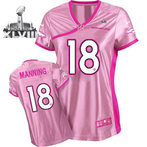 Broncos #18 Peyton Manning Pink Super Bowl XLVIII Women's Be Luv'd Stitched NFL Elite Jersey