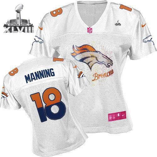 Broncos #18 Peyton Manning White Super Bowl XLVIII Women's Fem Fan NFL Game Jersey