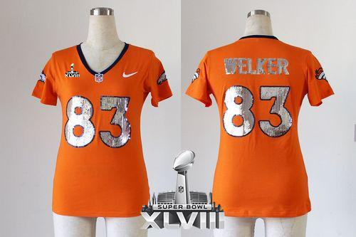 Broncos #83 Wes Welker Orange Team Color Handwork Sequin Lettering Super Bowl XLVIII Women's Stitched NFL Elite Jersey