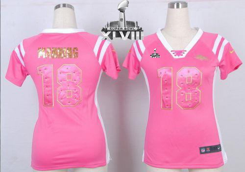 Broncos #18 Peyton Manning Pink Super Bowl XLVIII Women's Stitched NFL Elite Draft Him Shimmer Jersey
