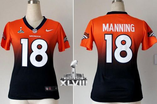 Broncos #18 Peyton Manning Orange/Blue Super Bowl XLVIII Women's Stitched NFL Elite Fadeaway Fashion Jersey