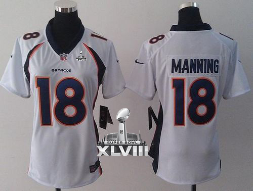 Broncos #18 Peyton Manning White Super Bowl XLVIII Women's Stitched NFL New Elite Jersey