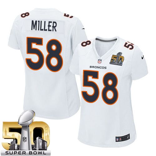 Broncos #58 Von Miller White Super Bowl 50 Women's Stitched NFL Game Event Jersey