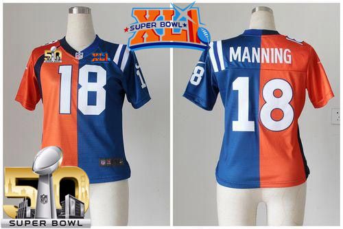Broncos #18 Peyton Manning Orange/Blue Super Bowl XLI & Super Bowl 50 Women's Stitched NFL Elite Split Colts Jersey