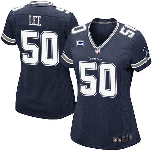 Cowboys #50 Sean Lee Navy Blue Team Color With C Patch Women's Stitched NFL Elite Jersey