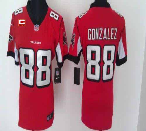 Falcons #88 Tony Gonzalez Red Team Color With C Patch Women's Stitched NFL Elite Jersey