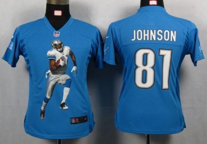 Lions #81 Calvin Johnson Light Blue Team Color Women's Portrait Fashion NFL Game Jersey