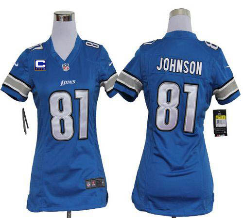 Lions #81 Calvin Johnson Light Blue Team Color With C Patch Women's Stitched NFL Elite Jersey