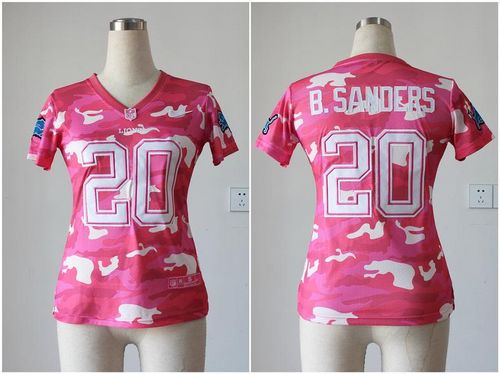 Lions #20 Barry Sanders Pink Women's Stitched NFL Elite Camo Fashion Jersey