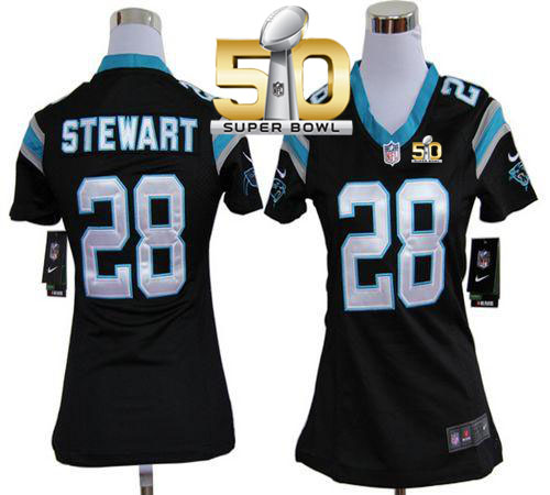 Panthers #28 Jonathan Stewart Black Team Color Super Bowl 50 Women's Stitched NFL Elite Jersey