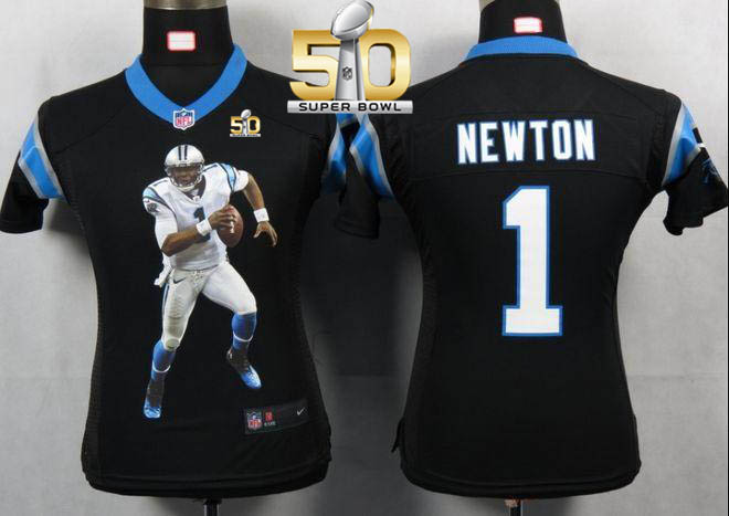 Panthers #1 Cam Newton Black Team Color Super Bowl 50 Women's Portrait Fashion NFL Game Jersey