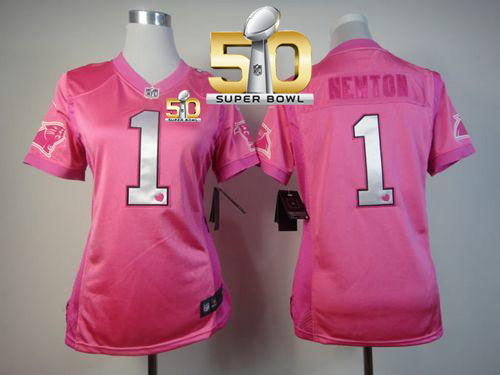 Panthers #1 Cam Newton Pink Super Bowl 50 Women's Be Luv'd Stitched NFL Elite Jersey