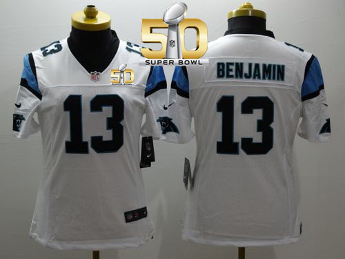 Panthers #13 Kelvin Benjamin White Super Bowl 50 Women's Stitched NFL Limited Jersey