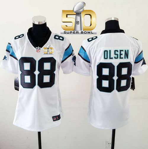 Panthers #88 Greg Olsen White Super Bowl 50 Women's Stitched NFL Elite Jersey