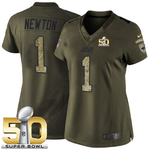 Panthers #1 Cam Newton Green Super Bowl 50 Women's Stitched NFL Limited Salute to Service Jersey
