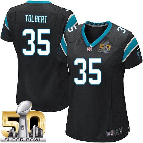 Panthers #35 Mike Tolbert Black Team Color Super Bowl 50 Women's Stitched NFL Elite Jersey