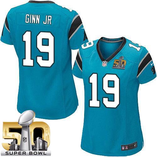 Panthers #19 Ted Ginn Jr Blue Alternate Super Bowl 50 Women's Stitched NFL Elite Jersey