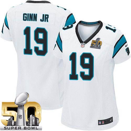Panthers #19 Ted Ginn Jr White Super Bowl 50 Women's Stitched NFL Elite Jersey