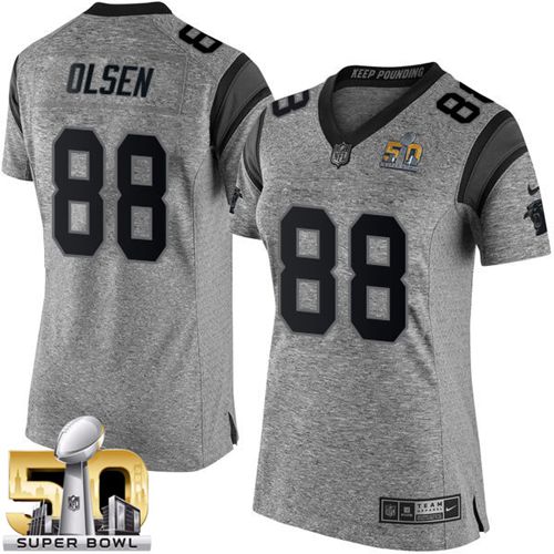 Panthers #88 Greg Olsen Gray Super Bowl 50 Women's Stitched NFL Limited Gridiron Gray Jersey