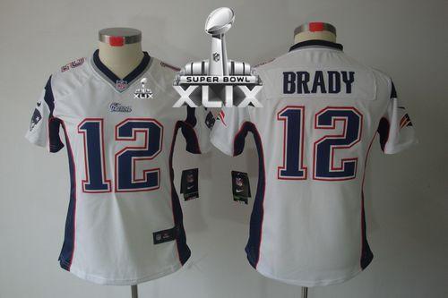 Patriots #12 Tom Brady White Super Bowl XLIX Women's Stitched NFL Limited Jersey