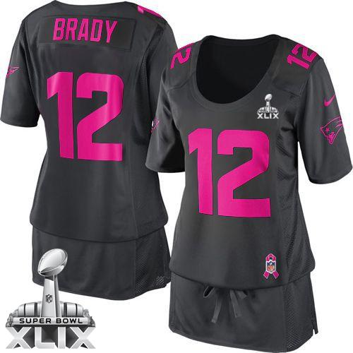 Patriots #12 Tom Brady Dark Grey Super Bowl XLIX Women's Breast Cancer Awareness Stitched NFL Elite Jersey
