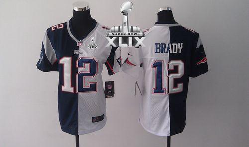 Patriots #12 Tom Brady Navy Blue/White Super Bowl XLIX Women's Stitched NFL Elite Split Jersey