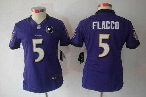 Ravens #5 Joe Flacco Purple Team Color With Art Patch Women's Stitched NFL Limited Jersey