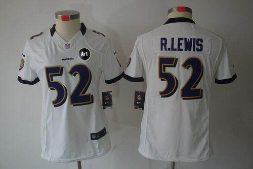 Ravens #52 Ray Lewis White With Art Patch Women's Stitched NFL Limited Jersey