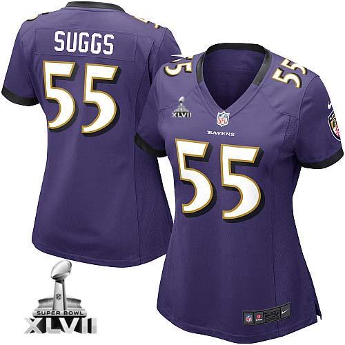 Ravens #55 Terrell Suggs Purple Team Color Super Bowl XLVII Women's NFL Game Jersey