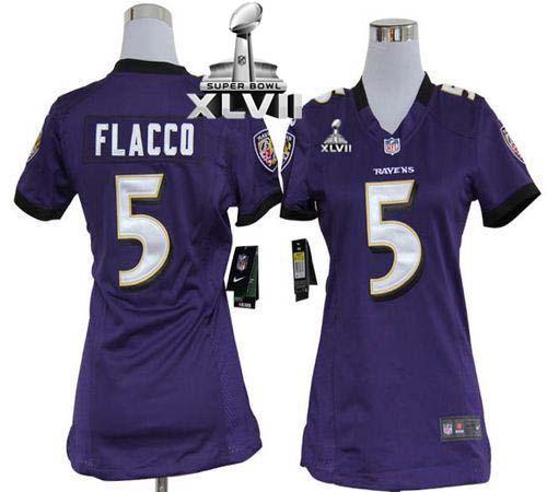 Ravens #5 Joe Flacco Purple Team Color Super Bowl XLVII Women's Stitched NFL Elite Jersey