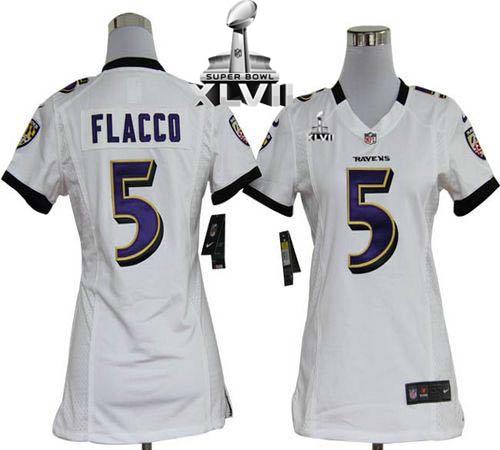 Ravens #5 Joe Flacco White Super Bowl XLVII Women's Stitched NFL Elite Jersey