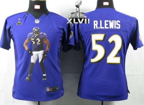 Ravens #52 Ray Lewis Purple Team Color Super Bowl XLVII Women's Portrait Fashion NFL Game Jersey
