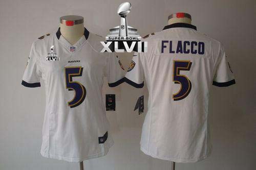 Ravens #5 Joe Flacco White Super Bowl XLVII Women's Stitched NFL Limited Jersey