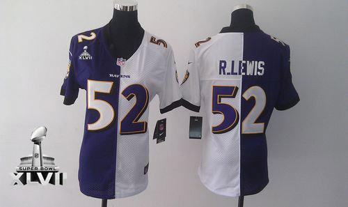 Ravens #52 Ray Lewis Purple/White Super Bowl XLVII Women's Stitched NFL Elite Split Jersey