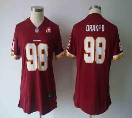 Redskins #98 Brian Orakpo Burgundy Red Team Color With 80TH Patch Women's NFL Game Jersey